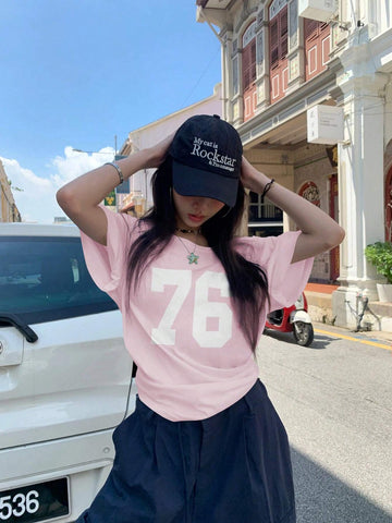 Women's Summer Asymmetric Neck Numeric Print Casual Short Sleeve T-Shirt