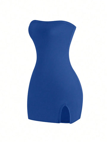 Women's Summer Bodycon Bandeau Dress With Slit Hem