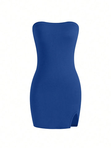Women's Summer Bodycon Bandeau Dress With Slit Hem