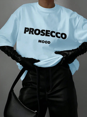 EZwear Women's Summer Casual Casual T-Shirt With Letter Print, Round Neck And Drop Shoulder Sleeves