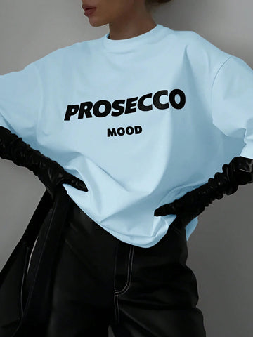 EZwear Women's Summer Casual Casual T-Shirt With Letter Print, Round Neck And Drop Shoulder Sleeves