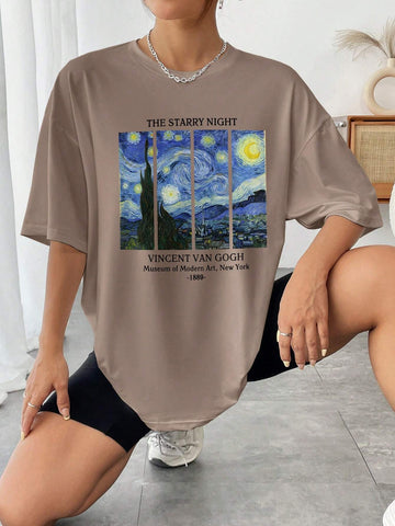EZwear Women's Summer Casual Fit Casual T-Shirt With Round Neck, Slogan Oil Painting Print And Drop Shoulder Sleeves, Graphic T-Shirt
