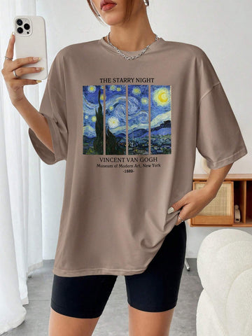 EZwear Women's Summer Casual Fit Casual T-Shirt With Round Neck, Slogan Oil Painting Print And Drop Shoulder Sleeves, Graphic T-Shirt
