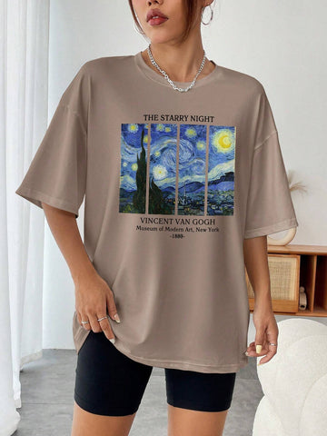 EZwear Women's Summer Casual Fit Casual T-Shirt With Round Neck, Slogan Oil Painting Print And Drop Shoulder Sleeves, Graphic T-Shirt