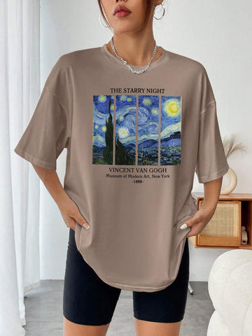 EZwear Women's Summer Casual Fit Casual T-Shirt With Round Neck, Slogan Oil Painting Print And Drop Shoulder Sleeves, Graphic T-Shirt