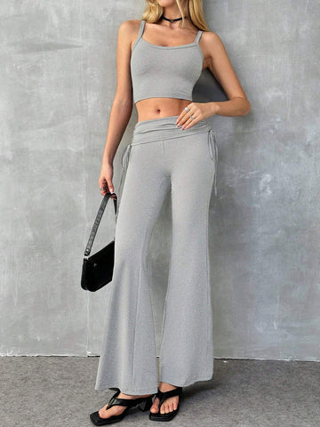 Women's Summer Casual Low Waist Drawstring Flared 2-Piece Set, Tank Top And Shorts