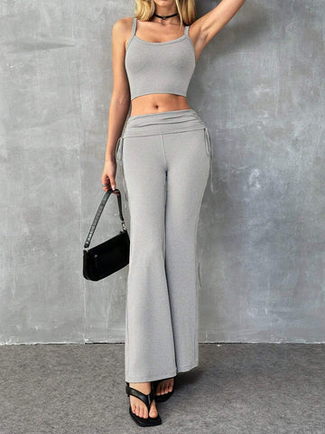 Women's Summer Casual Low Waist Drawstring Flared 2-Piece Set, Tank Top And Shorts