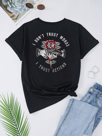 Women's Summer Casual Short Sleeve T-Shirt With Slogan And Floral Print I DON'T TRUST WORDS