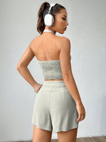 Women's Summer Casual Solid Color Front Button Halter Top And Shorts Set
