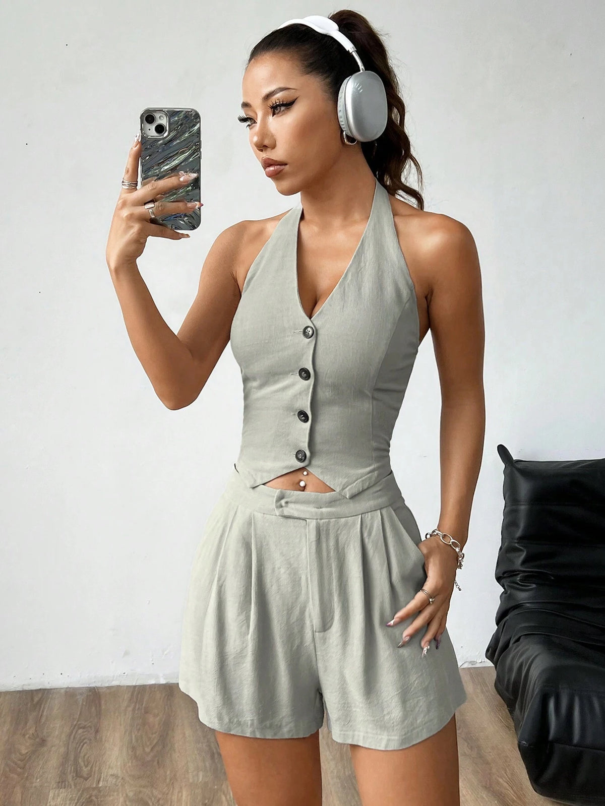 Women's Summer Casual Solid Color Front Button Halter Top And Shorts Set