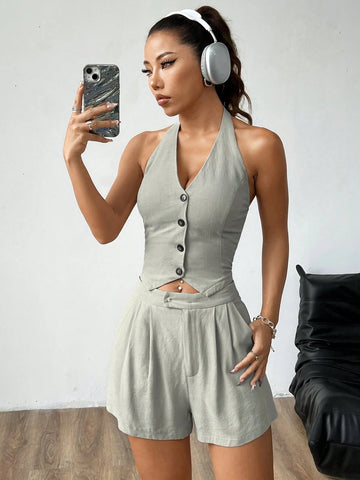 Women's Summer Casual Solid Color Front Button Halter Top And Shorts Set