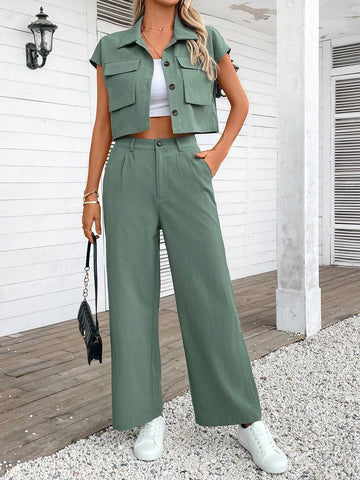 Women's Summer Casual Solid Color Short Sleeve Shirt And Long Pants Two-Piece Set
