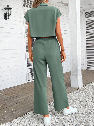 Women's Summer Casual Solid Color Short Sleeve Shirt And Long Pants Two-Piece Set