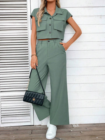 Women's Summer Casual Solid Color Short Sleeve Shirt And Long Pants Two-Piece Set