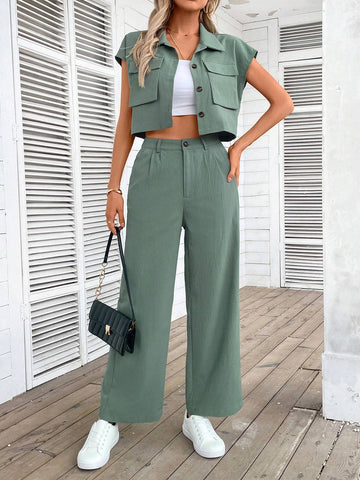 Women's Summer Casual Solid Color Short Sleeve Shirt And Long Pants Two-Piece Set