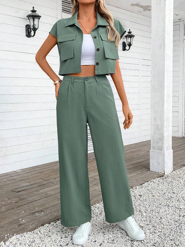 Women's Summer Casual Solid Color Short Sleeve Shirt And Long Pants Two-Piece Set