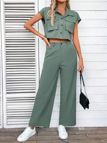 Women's Summer Casual Solid Color Short Sleeve Shirt And Long Pants Two-Piece Set