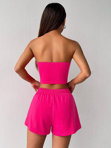 Women's Summer Casual Solid Color Strapless Top And Checkered Shorts Set