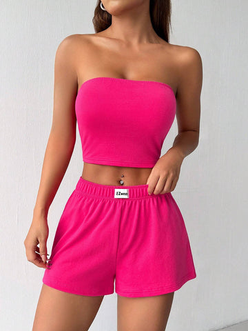 Women's Summer Casual Solid Color Strapless Top And Checkered Shorts Set