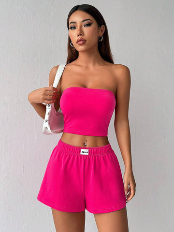 Women's Summer Casual Solid Color Strapless Top And Checkered Shorts Set