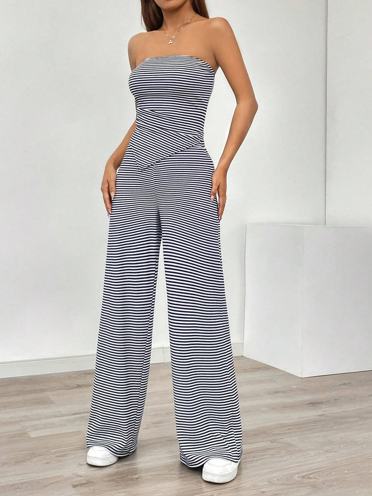 Women's Summer Casual Striped Asymmetrical Hem Bandeau Top And Long Pants Set