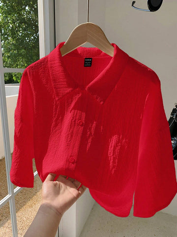 EZwear Women's Summer Casual Textured Red Woven Crop Shirt