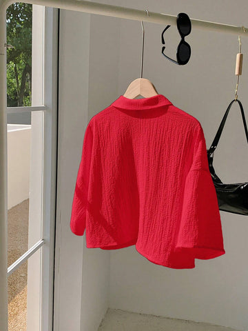 EZwear Women's Summer Casual Textured Red Woven Crop Shirt