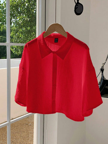 EZwear Women's Summer Casual Textured Red Woven Crop Shirt