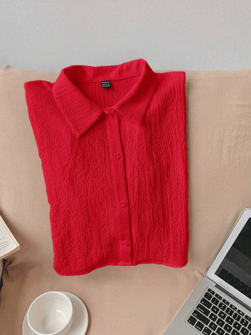 EZwear Women's Summer Casual Textured Red Woven Crop Shirt