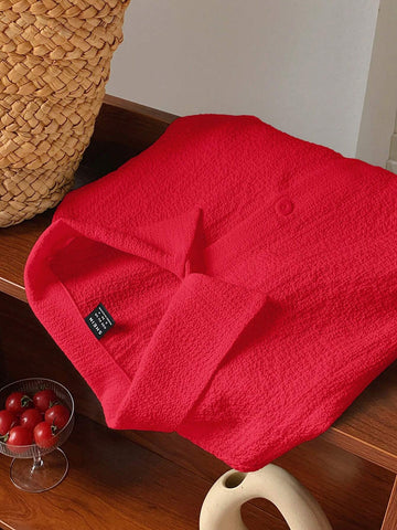 EZwear Women's Summer Casual Textured Red Woven Crop Shirt