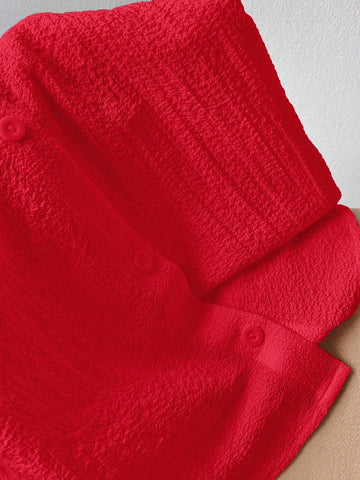 EZwear Women's Summer Casual Textured Red Woven Crop Shirt