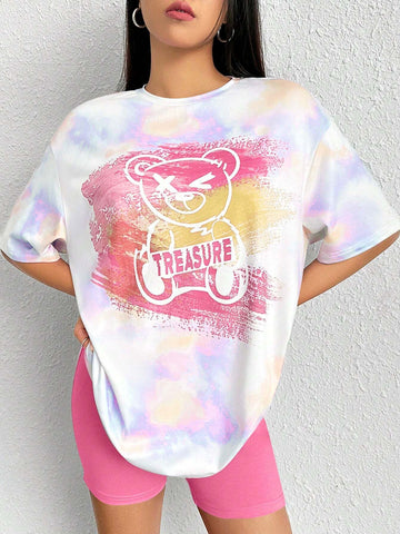 Women's Summer Casual Tie-Dye Bear Print Short Sleeve Loose T-Shirt And Leggings Set