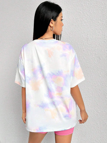 Women's Summer Casual Tie-Dye Bear Print Short Sleeve Loose T-Shirt And Leggings Set