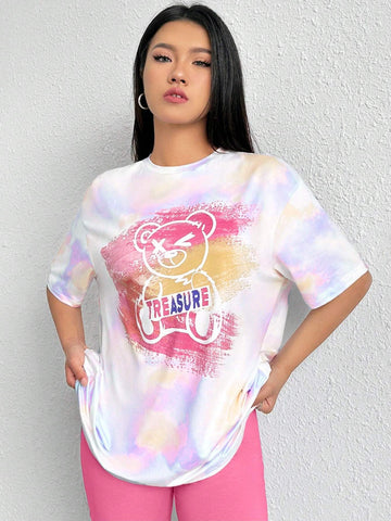 Women's Summer Casual Tie-Dye Bear Print Short Sleeve Loose T-Shirt And Leggings Set