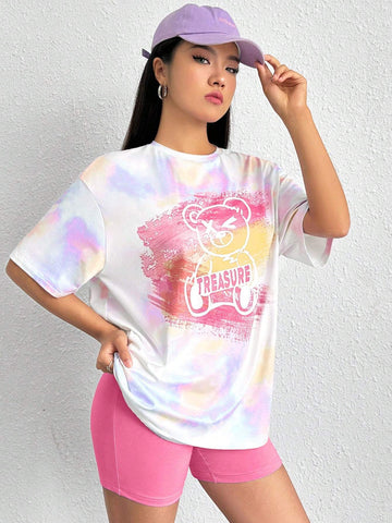 Women's Summer Casual Tie-Dye Bear Print Short Sleeve Loose T-Shirt And Leggings Set
