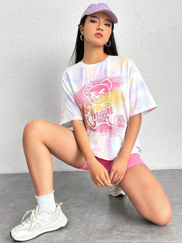 Women's Summer Casual Tie-Dye Bear Print Short Sleeve Loose T-Shirt And Leggings Set