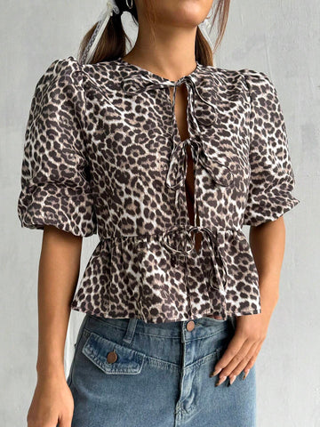 EZwear Women's Summer Fashion Leopard Print Puff Sleeve Tie-Front Shirt