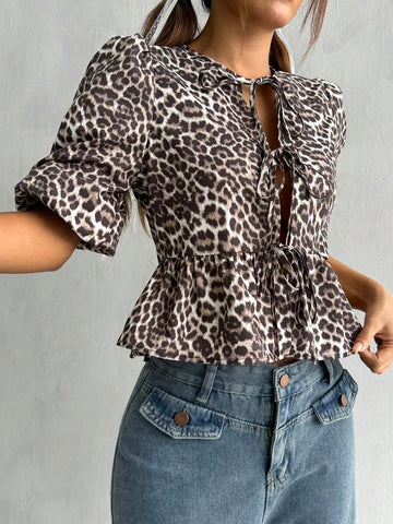 EZwear Women's Summer Fashion Leopard Print Puff Sleeve Tie-Front Shirt