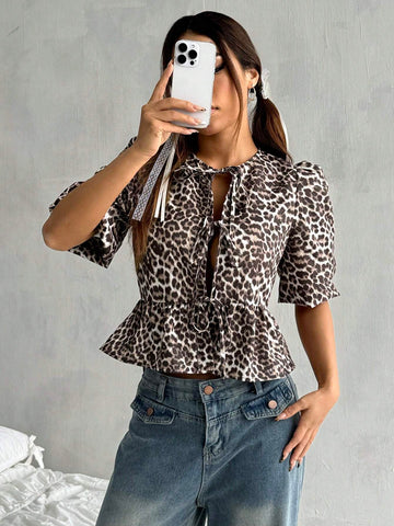EZwear Women's Summer Fashion Leopard Print Puff Sleeve Tie-Front Shirt