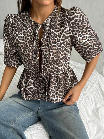 EZwear Women's Summer Fashion Leopard Print Puff Sleeve Tie-Front Shirt