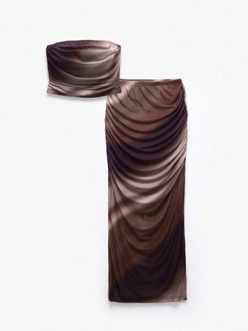 Women's Summer Fashion Ombre Super Short Strapless Top With Side Slit Bodycon Skirt Set