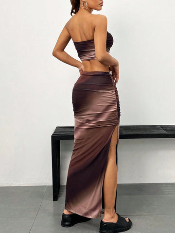 Women's Summer Fashion Ombre Super Short Strapless Top With Side Slit Bodycon Skirt Set