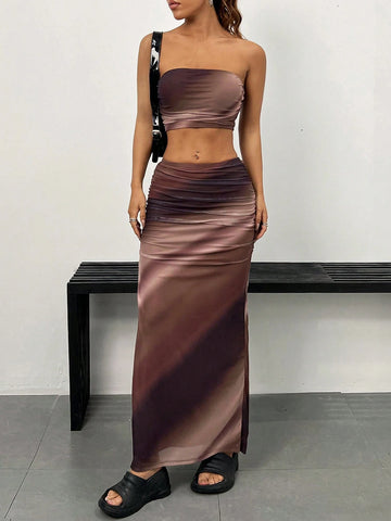 Women's Summer Fashion Ombre Super Short Strapless Top With Side Slit Bodycon Skirt Set