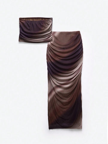 Women's Summer Fashion Ombre Super Short Strapless Top With Side Slit Bodycon Skirt Set