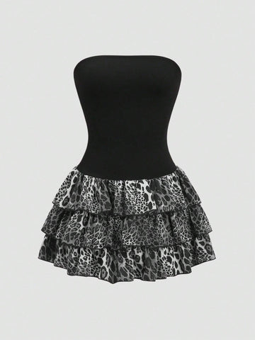 Women's Summer Fashion Strapless Leopard Print Layered Ruffle Skirt