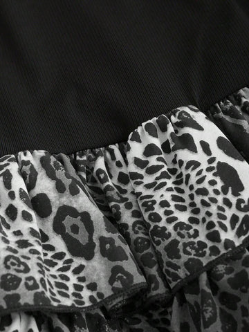 Women's Summer Fashion Strapless Leopard Print Layered Ruffle Skirt