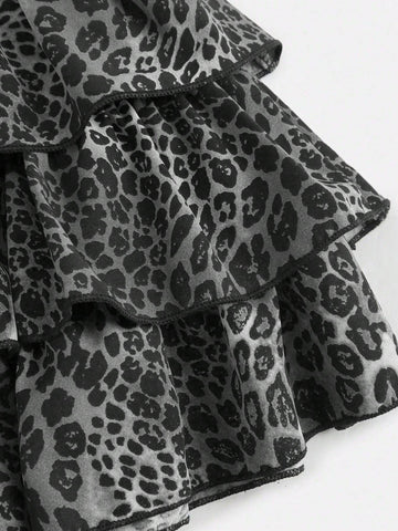 Women's Summer Fashion Strapless Leopard Print Layered Ruffle Skirt