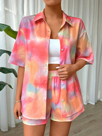 Women's Summer Fashionable Casual-Fitting Tie Dye Shirt And Shorts Two-Piece Set
