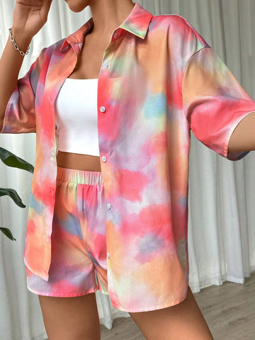 Women's Summer Fashionable Casual-Fitting Tie Dye Shirt And Shorts Two-Piece Set