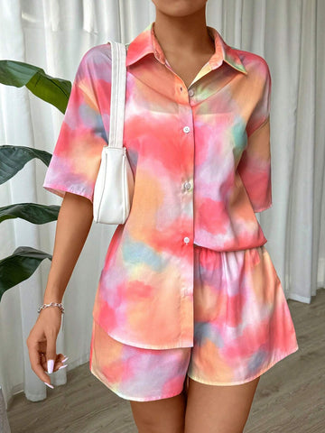 Women's Summer Fashionable Casual-Fitting Tie Dye Shirt And Shorts Two-Piece Set